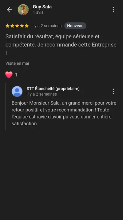 Avis client STT Étanchéité - Équipe sérieuse et compétente Toulouse.
